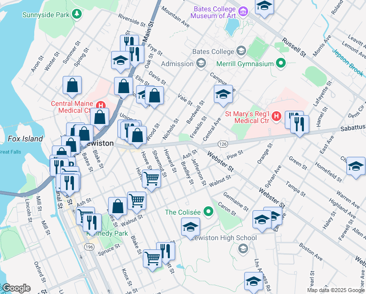map of restaurants, bars, coffee shops, grocery stores, and more near 12 Bradley Street in Lewiston
