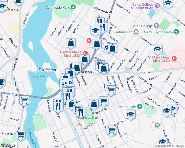 map of restaurants, bars, coffee shops, grocery stores, and more near 90R Oak Street in Lewiston