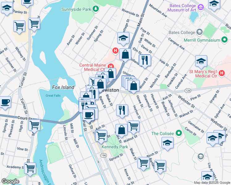 map of restaurants, bars, coffee shops, grocery stores, and more near 90R Oak Street in Lewiston