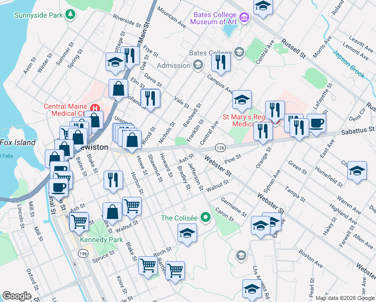 map of restaurants, bars, coffee shops, grocery stores, and more near 187 Maine 126 in Lewiston