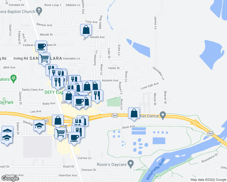 map of restaurants, bars, coffee shops, grocery stores, and more near 345 Lone Oak Avenue in Eugene