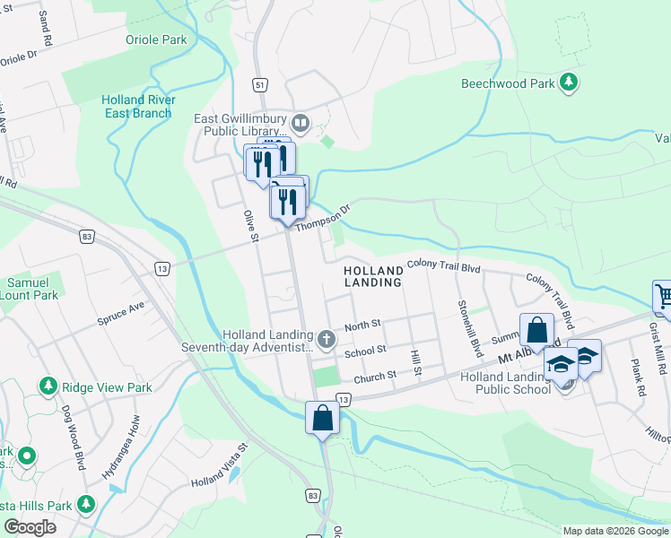 map of restaurants, bars, coffee shops, grocery stores, and more near 29 Oakridge Court in East Gwillimbury