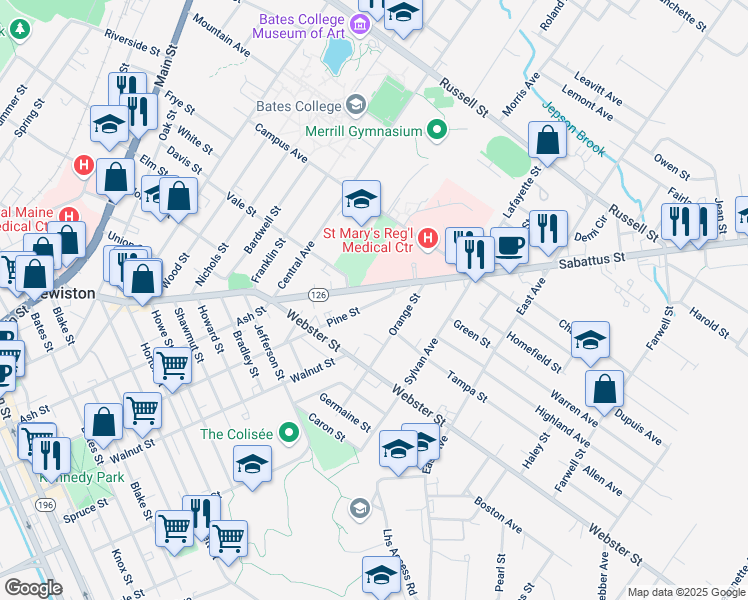 map of restaurants, bars, coffee shops, grocery stores, and more near 322 Pine Street in Lewiston