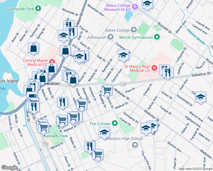 map of restaurants, bars, coffee shops, grocery stores, and more near 187 Maine 126 in Lewiston