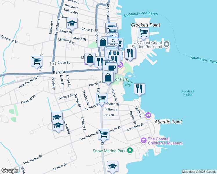 map of restaurants, bars, coffee shops, grocery stores, and more near 216 South Main Street in Rockland