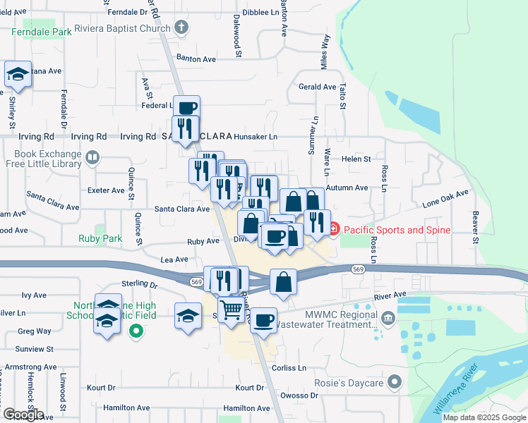 map of restaurants, bars, coffee shops, grocery stores, and more near 65 Q Division Avenue in Eugene