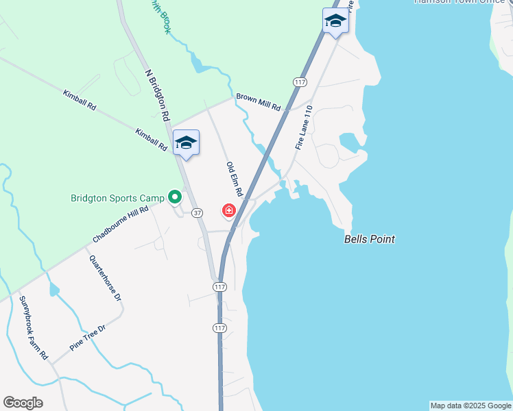 map of restaurants, bars, coffee shops, grocery stores, and more near 664 Harrison Road in Bridgton