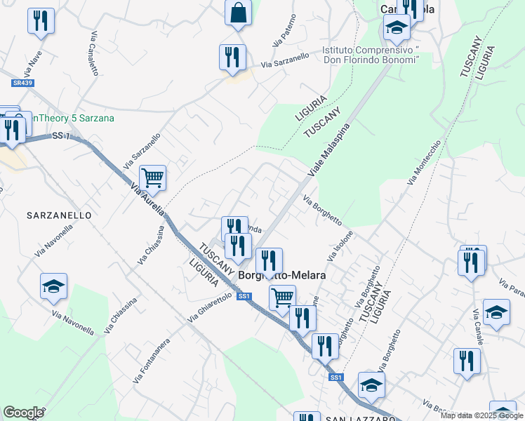 map of restaurants, bars, coffee shops, grocery stores, and more near 61 Viale Malaspina in Borghetto-melara