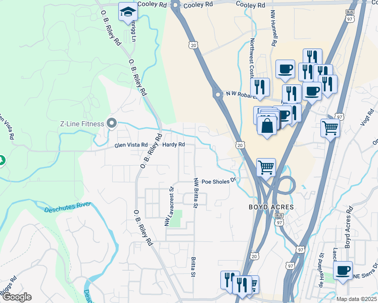 map of restaurants, bars, coffee shops, grocery stores, and more near 63351 Northwest Britta Street in Bend