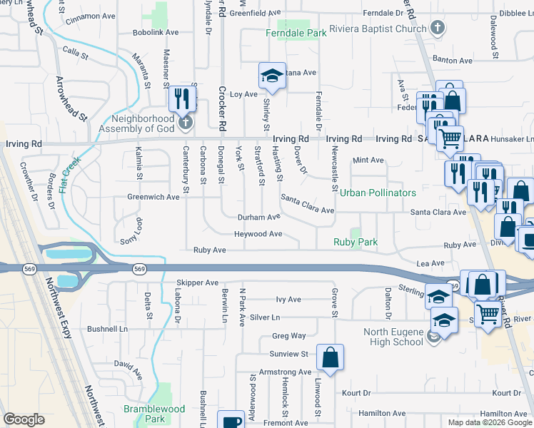 map of restaurants, bars, coffee shops, grocery stores, and more near 542 Durham Avenue in Eugene
