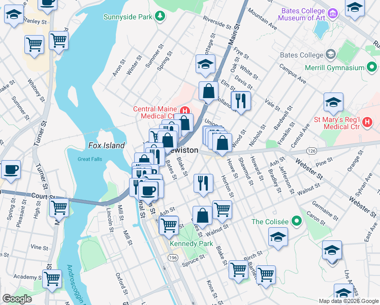map of restaurants, bars, coffee shops, grocery stores, and more near 90R Oak Street in Lewiston