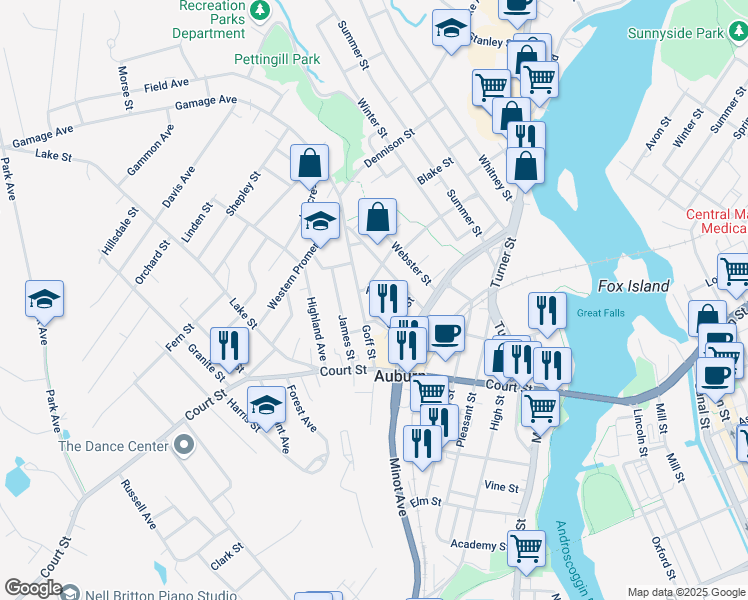 map of restaurants, bars, coffee shops, grocery stores, and more near 58 Goff Street in Auburn