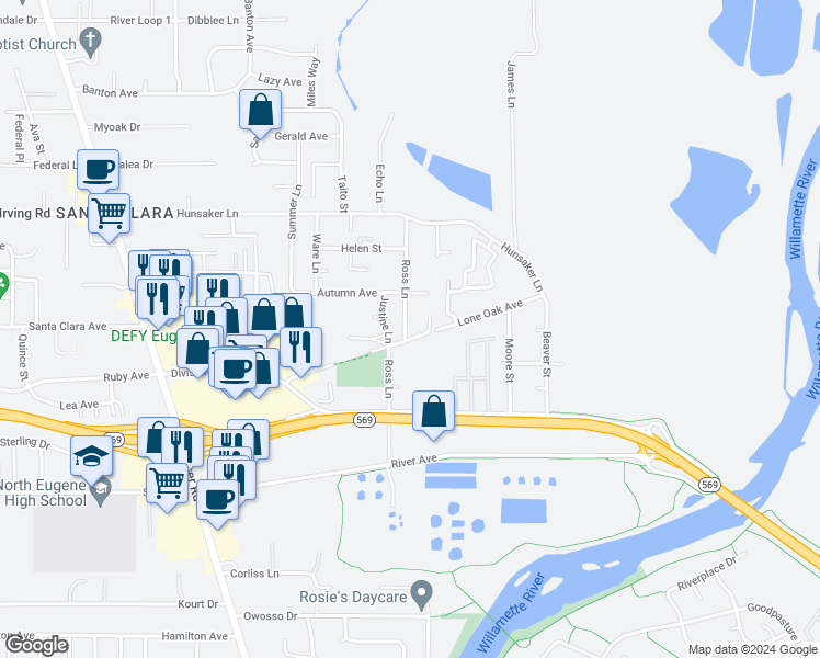 map of restaurants, bars, coffee shops, grocery stores, and more near 2615 Ross Lane in Eugene