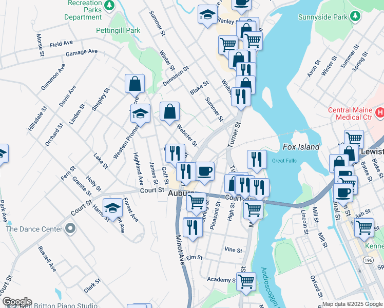 map of restaurants, bars, coffee shops, grocery stores, and more near 69 Hampshire Street in Auburn