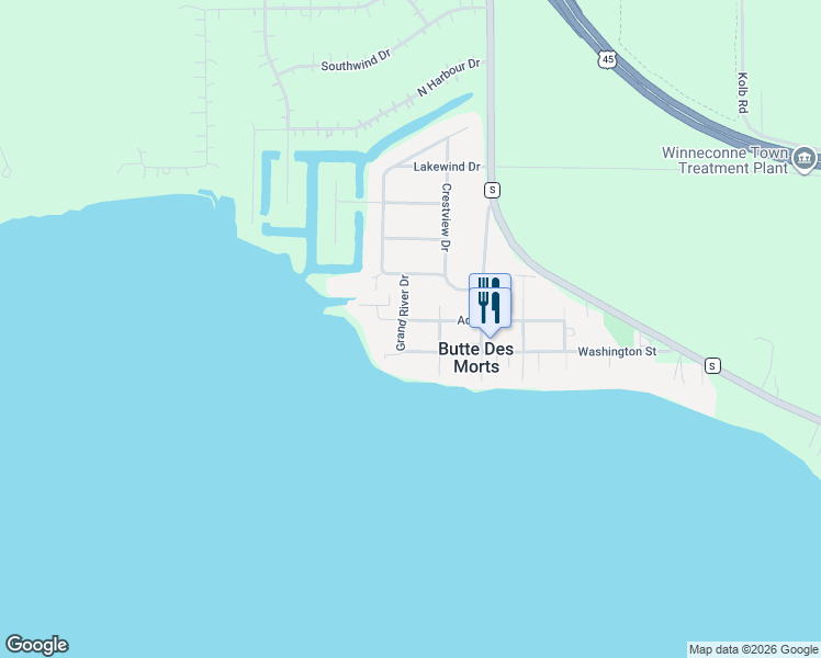 map of restaurants, bars, coffee shops, grocery stores, and more near 5148 Washington Street in Butte des Morts