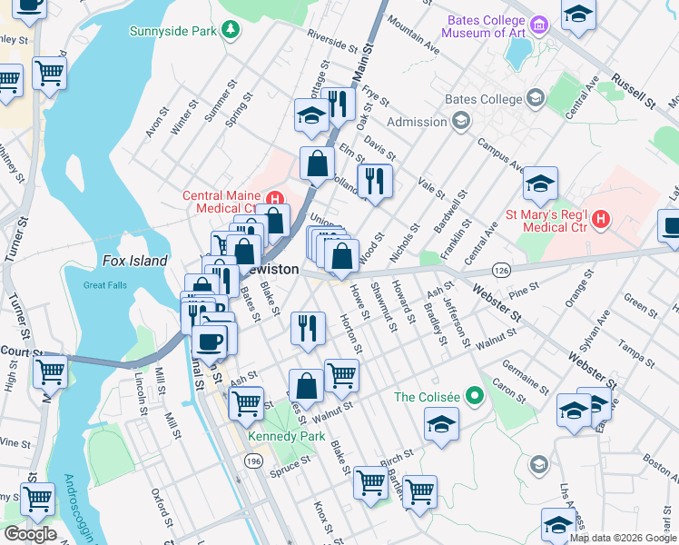 map of restaurants, bars, coffee shops, grocery stores, and more near 72 Sabattus Street in Lewiston