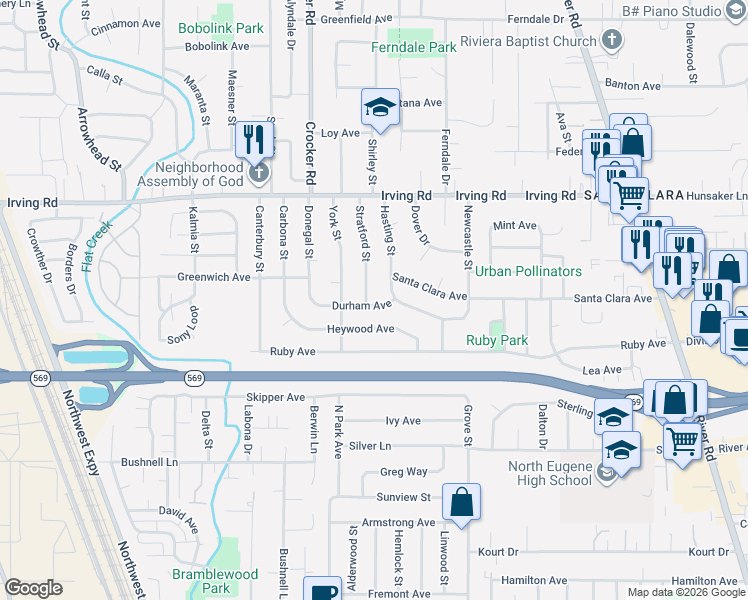 map of restaurants, bars, coffee shops, grocery stores, and more near 541 Durham Avenue in Eugene