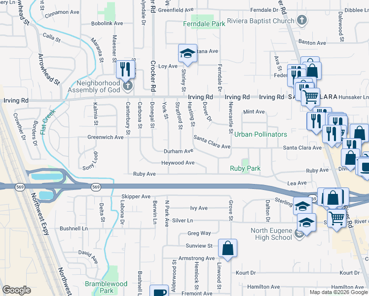 map of restaurants, bars, coffee shops, grocery stores, and more near 542 Durham Avenue in Eugene