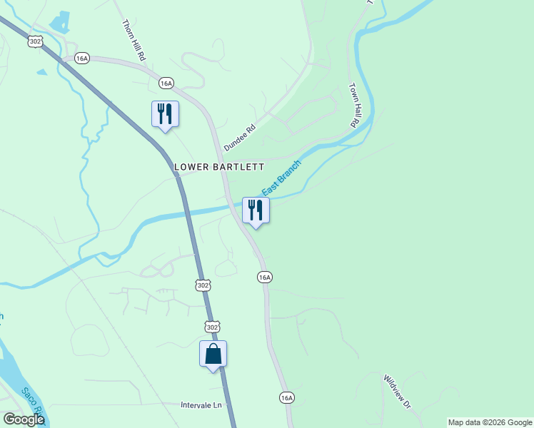 map of restaurants, bars, coffee shops, grocery stores, and more near 28 East Branch Road in Intervale