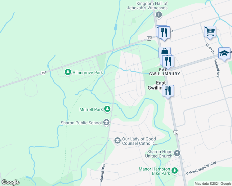 map of restaurants, bars, coffee shops, grocery stores, and more near 6 Deer Pass Road in East Gwillimbury