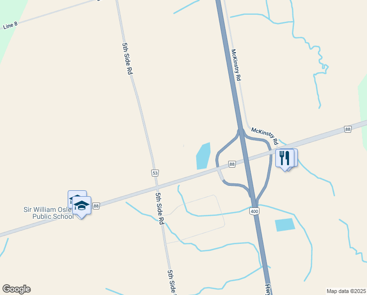 map of restaurants, bars, coffee shops, grocery stores, and more near 3666 Simcoe County Road 88 in Bond Head