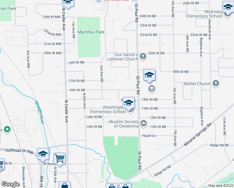 map of restaurants, bars, coffee shops, grocery stores, and more near 429 Saint Paul Place in Owatonna