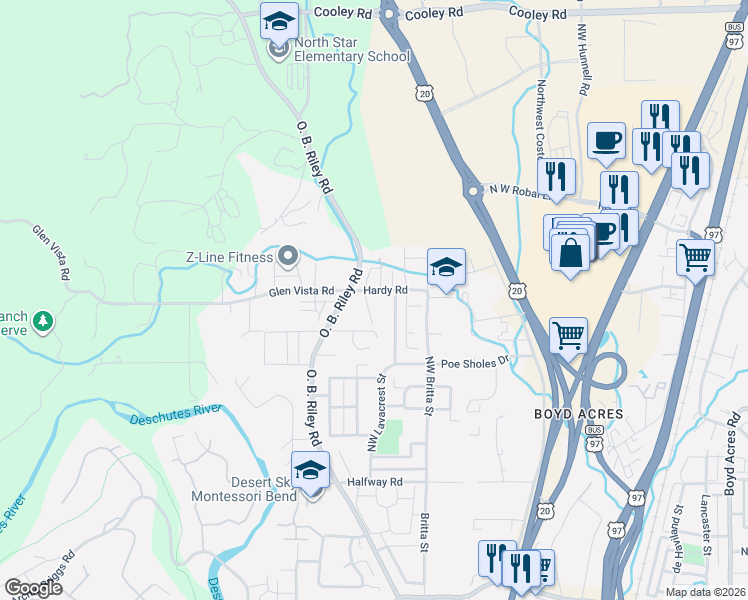 map of restaurants, bars, coffee shops, grocery stores, and more near 20255 Hardy Road in Bend