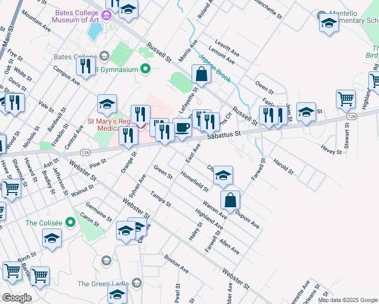 map of restaurants, bars, coffee shops, grocery stores, and more near 129 Campus Avenue in Lewiston