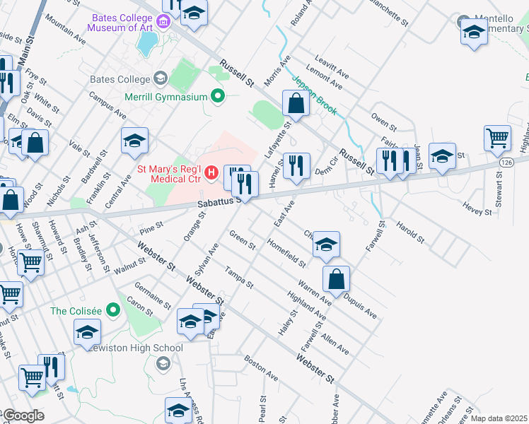 map of restaurants, bars, coffee shops, grocery stores, and more near 129 Campus Avenue in Lewiston