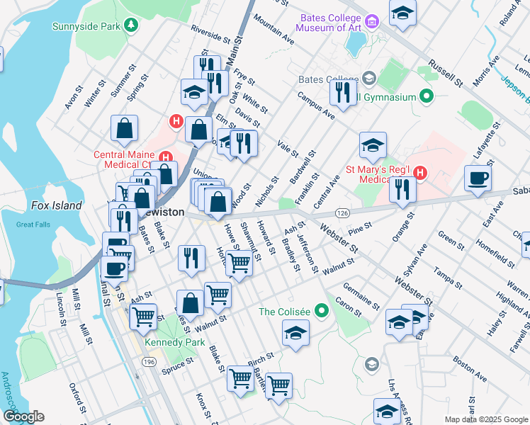 map of restaurants, bars, coffee shops, grocery stores, and more near 7 Howard Street in Lewiston
