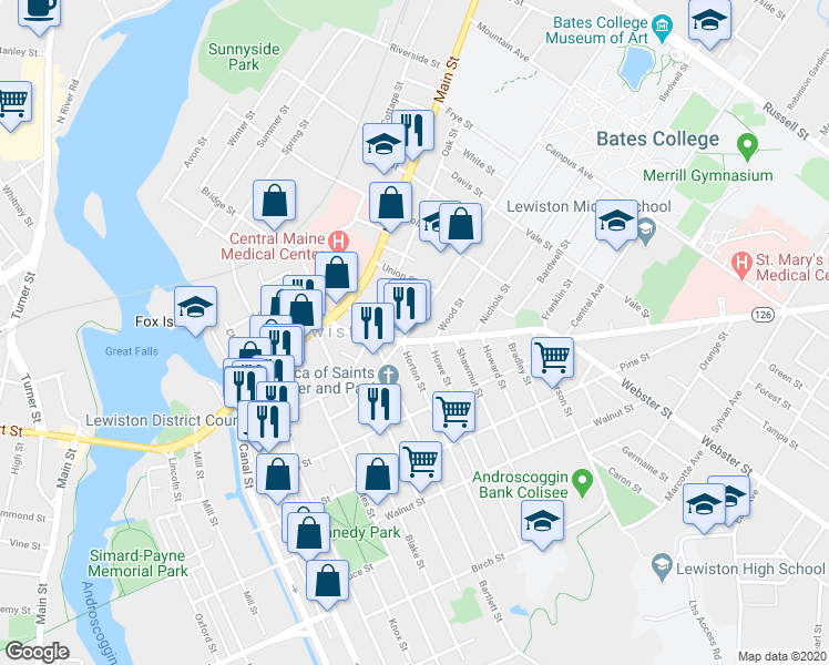 map of restaurants, bars, coffee shops, grocery stores, and more near 63 Maine 126 in Lewiston