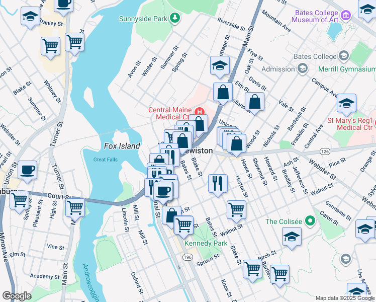 map of restaurants, bars, coffee shops, grocery stores, and more near in Lewiston