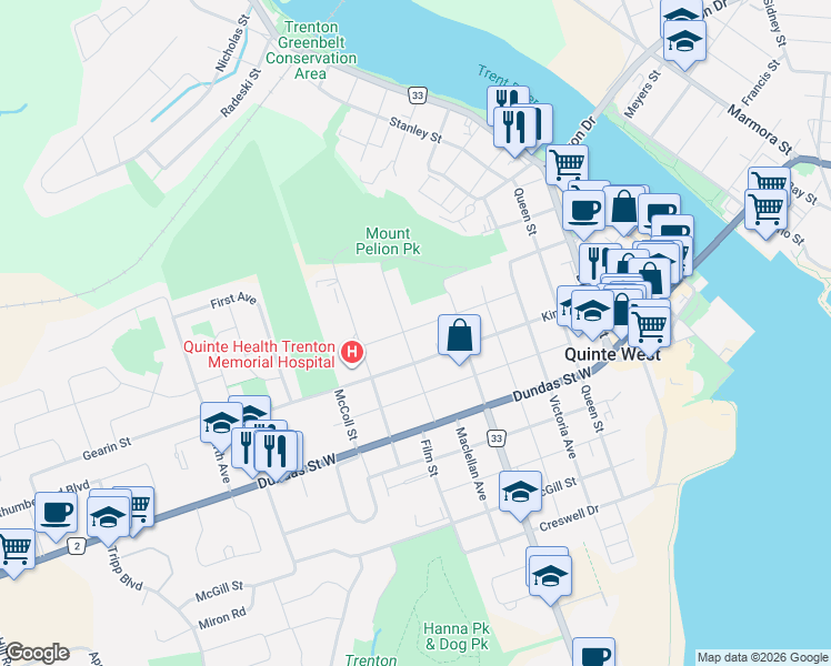 map of restaurants, bars, coffee shops, grocery stores, and more near 97 Spring Street in Quinte West
