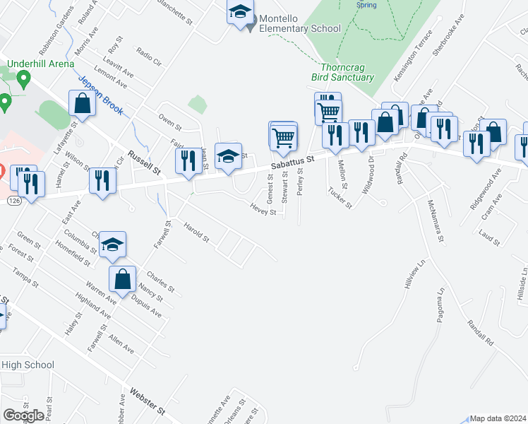 map of restaurants, bars, coffee shops, grocery stores, and more near 58 Hevey Street in Lewiston