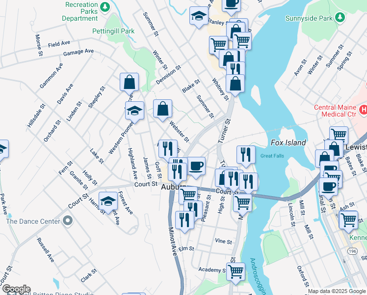 map of restaurants, bars, coffee shops, grocery stores, and more near 69 Hampshire Street in Auburn