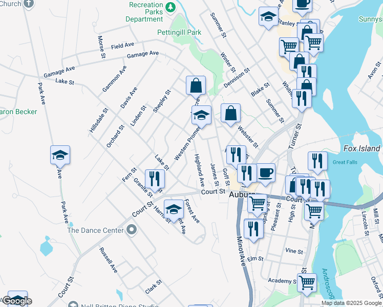 map of restaurants, bars, coffee shops, grocery stores, and more near 64 Highland Avenue in Auburn
