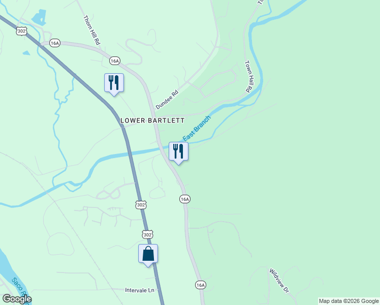 map of restaurants, bars, coffee shops, grocery stores, and more near 28 East Branch Road in Intervale