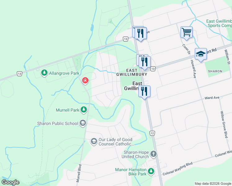 map of restaurants, bars, coffee shops, grocery stores, and more near 7 Carratuck Street in East Gwillimbury