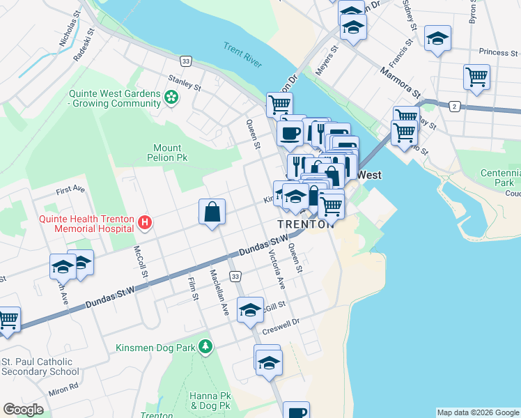 map of restaurants, bars, coffee shops, grocery stores, and more near 153 Victoria Avenue in Quinte West