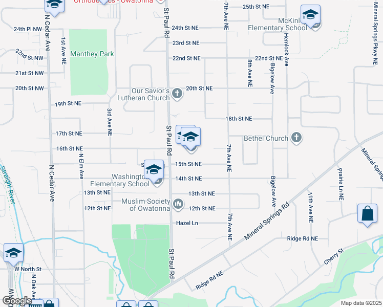 map of restaurants, bars, coffee shops, grocery stores, and more near 500 15th Street Northeast in Owatonna