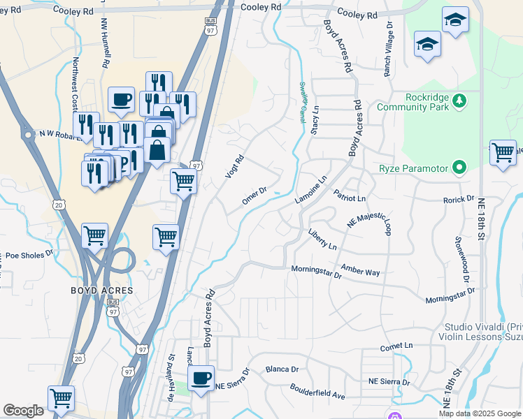 map of restaurants, bars, coffee shops, grocery stores, and more near 63319 Lamoine Lane in Bend
