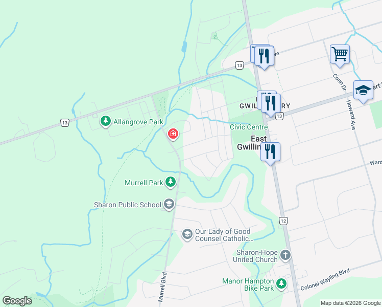 map of restaurants, bars, coffee shops, grocery stores, and more near 14 Deer Pass Road in East Gwillimbury