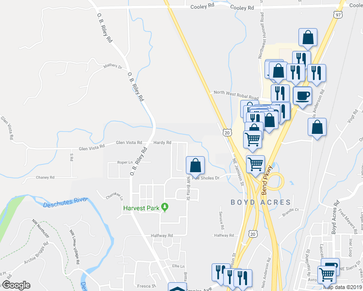 map of restaurants, bars, coffee shops, grocery stores, and more near 63351 Northwest Britta Street in Bend