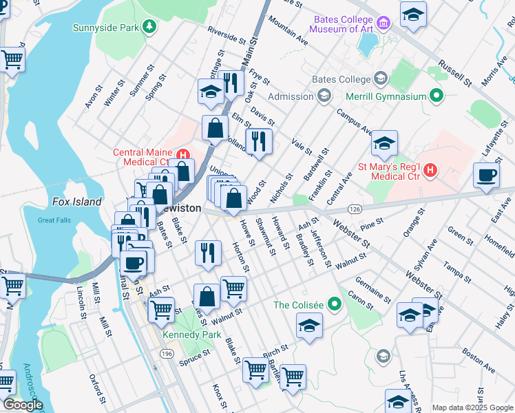 map of restaurants, bars, coffee shops, grocery stores, and more near 93 Sabattus Street in Lewiston