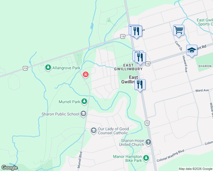 map of restaurants, bars, coffee shops, grocery stores, and more near 1 Silver Charm Drive in East Gwillimbury