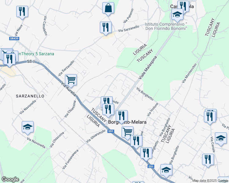 map of restaurants, bars, coffee shops, grocery stores, and more near 61 Viale Malaspina in Borghetto-melara