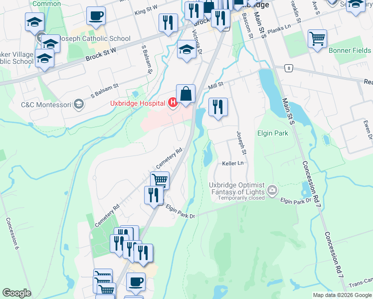 map of restaurants, bars, coffee shops, grocery stores, and more near Durham Regional Highway 47 in Uxbridge