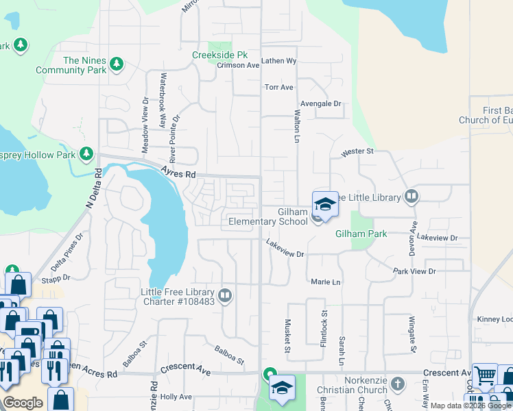map of restaurants, bars, coffee shops, grocery stores, and more near 2099 Lake Shore Drive in Eugene