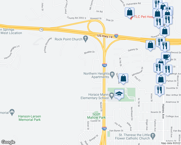 map of restaurants, bars, coffee shops, grocery stores, and more near 1603 Morningside Drive in Rapid City
