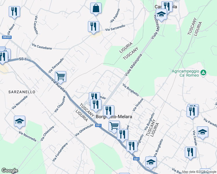 map of restaurants, bars, coffee shops, grocery stores, and more near 61 Viale Malaspina in Borghetto-melara